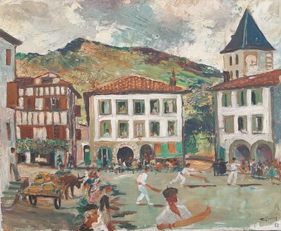 a painting of a group of people playing baseball in a town square
