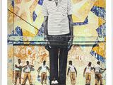 tableau représentant un homme debout sur un skateboard devant une fresque murale