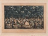 tableau représentant un groupe de personnes assises autour d'une table dans un parc