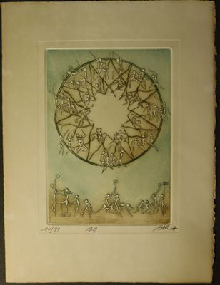 tableau représentant un groupe de personnes formant un cercle, avec le ciel en arrière-plan