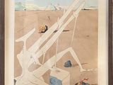 painting of a man sitting on a beach with a surfboard in his hand