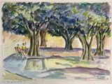 une aquarelle représentant des personnes assises sur un banc dans un parc