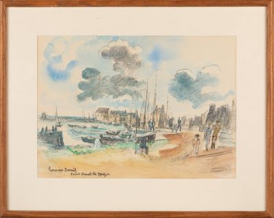 une image représentant une aquarelle montrant des bateaux sur une plage