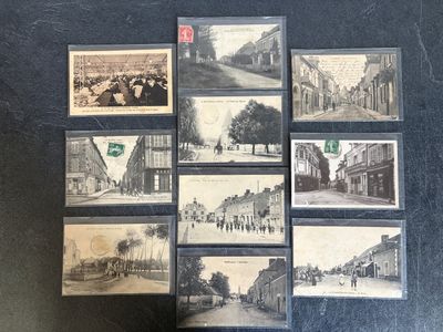 several old black and white photos of a street and buildings