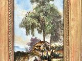 an image of a painting of a farm scene with a cow in the foreground