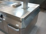 stainless steel counter top in a commercial kitchen with ovens