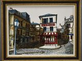 peinture représentant une scène de rue avec des bâtiments et un lampadaire