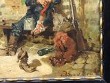 a painting of a man sitting on a bench next to a teddy bear