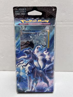 a box of pokemon trading cards featuring a white horse and a blue horse