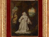 un tableau représentant une femme en robe blanche debout devant un arbre