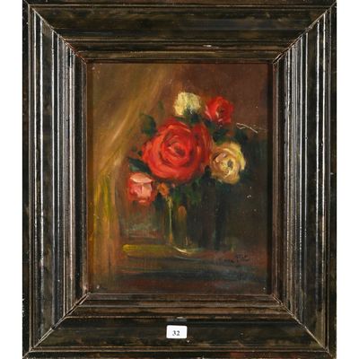 une peinture à l'huile représentant des roses dans un vase posé sur une table