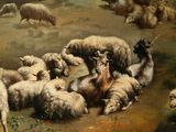 a painting of a herd of sheep and goats in a field