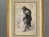 un dessin représentant un homme coiffé d'un chapeau et vêtu d'une cape, debout devant un bâtiment