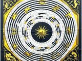 une écharpe noire et jaune ornée d'un motif circulaire