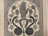 a black and white drawing of a hand with a snake and other symbols