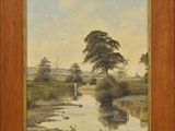 l'image d'une peinture représentant une rivière avec des arbres en arrière-plan