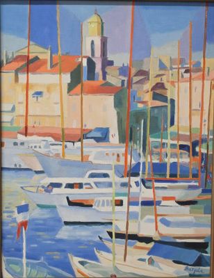 painting of boats in a harbor with a church in the background