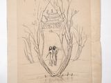 an old drawing of a man and a dog in a vase