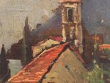 an oil painting of a building with a clock tower on top of it