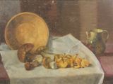 a painting of mushrooms and a bowl on a table