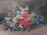 une peinture à l'huile représentant un bouquet de fleurs posé sur une table