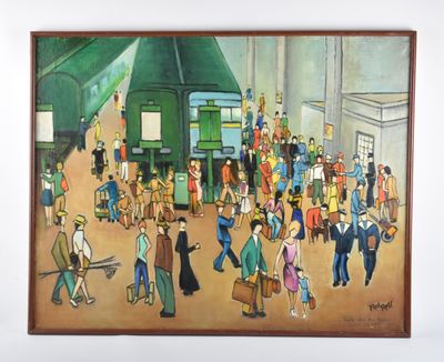 un tableau représentant un groupe de personnes debout dans une gare