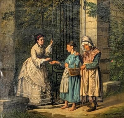 painting of a woman handing a basket to a group of children