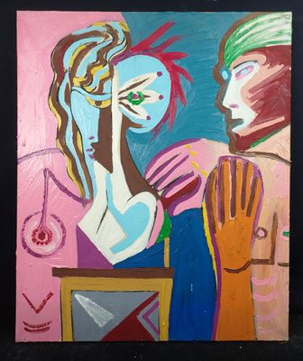 une peinture à l'huile représentant une femme et un homme debout l'un à côté de l'autre