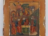 an old painting of a group of people sitting around a table