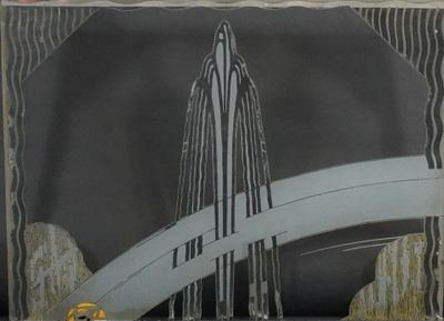 Travail 1930. Panneau en verre à décor d'une fontaine à jet …