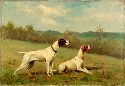 tableau représentant deux chiens dans un champ, avec des arbres en arrière-plan