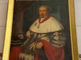 painting of a portrait of a man in a white robe with a red cape