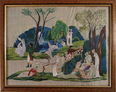 SOIERIES DE LYON. Scènes galantes dans un parc au kiosque. Broderie su