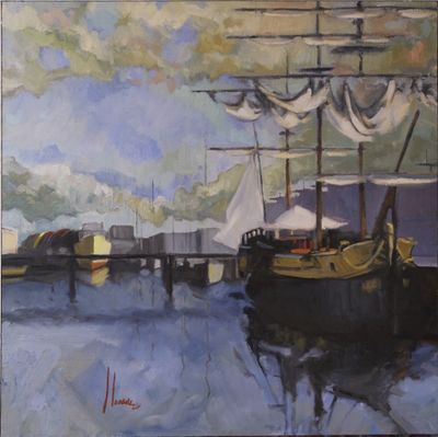 tableau représentant un voilier amarré à un quai, avec d'autres bateaux dans l'eau