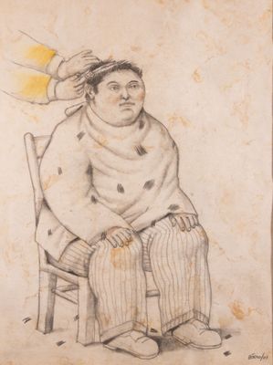 drawing of a man sitting in a chair with a hat on his head