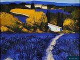 un tableau représentant une route menant à une ferme, avec une maison au loin