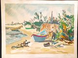 a picture of a painting of a boat on the beach