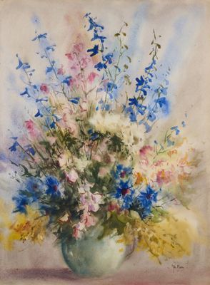 une peinture de fleurs dans un vase sur une table