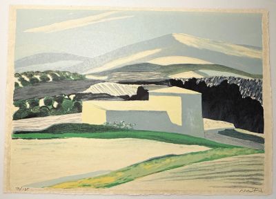 l'image d'un tableau représentant un paysage avec une montagne en arrière-plan