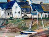a painting of a boat in the water near a house