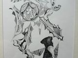 pencil drawing of a woman with a bird on her head and a bird on her arm