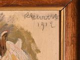 an oil painting of a bird perched on a branch in a wooden frame