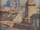 une image d'une peinture d'une ville au bord de l'eau