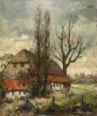an image of a painting of a house and trees in a field