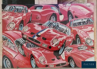 painting of a group of red sports cars parked in a parking lot