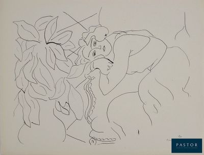 drawing of a man and a woman with a horse in the background