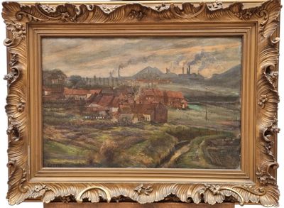 an image of a painting of a village with a castle in the background