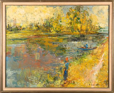an oil painting of a man fishing on a river with trees in the background