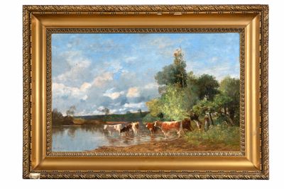 une peinture à l'huile représentant des vaches au bord d'une rivière, avec des arbres et des nuages en arrière-plan