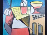une photo d'un tableau représentant une nature morte avec une bouteille de vin
